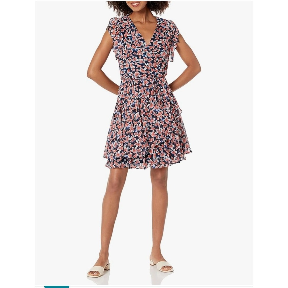 Tommy Hilfiger Floral Chiffon‎ Dress Ruffle Sleeves V neck 6